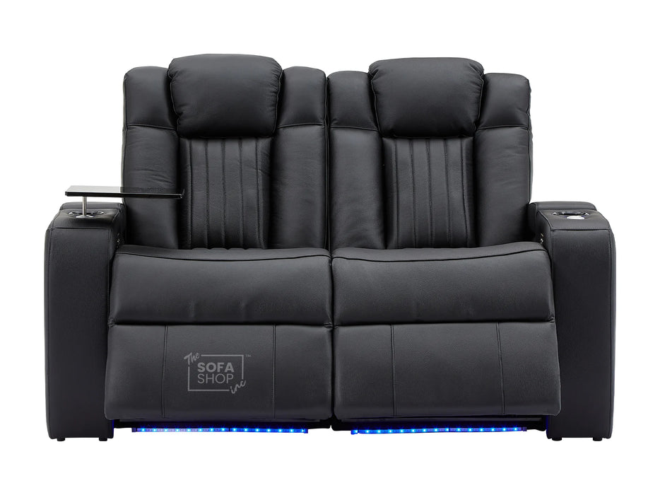 2 Seater Reclining Sofa in Leather with Storage Boxes & USB, Cupholders & Massage for Ultimate Comfort | Black Leather Aire | Capri | The Sofa Shop