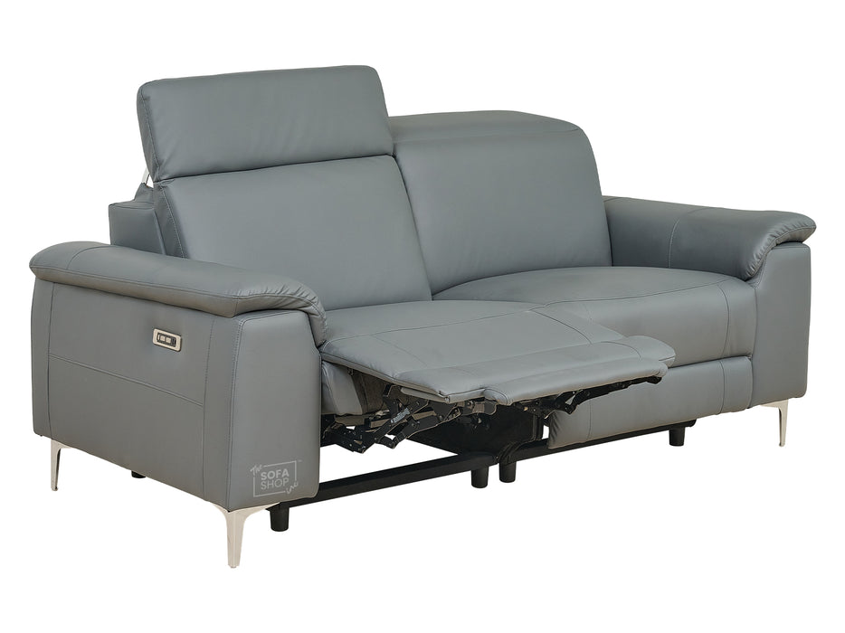 3 Seater Grey Leather Electric Recliner Sofa with Adjustable Headrest & USB Ports - Solero