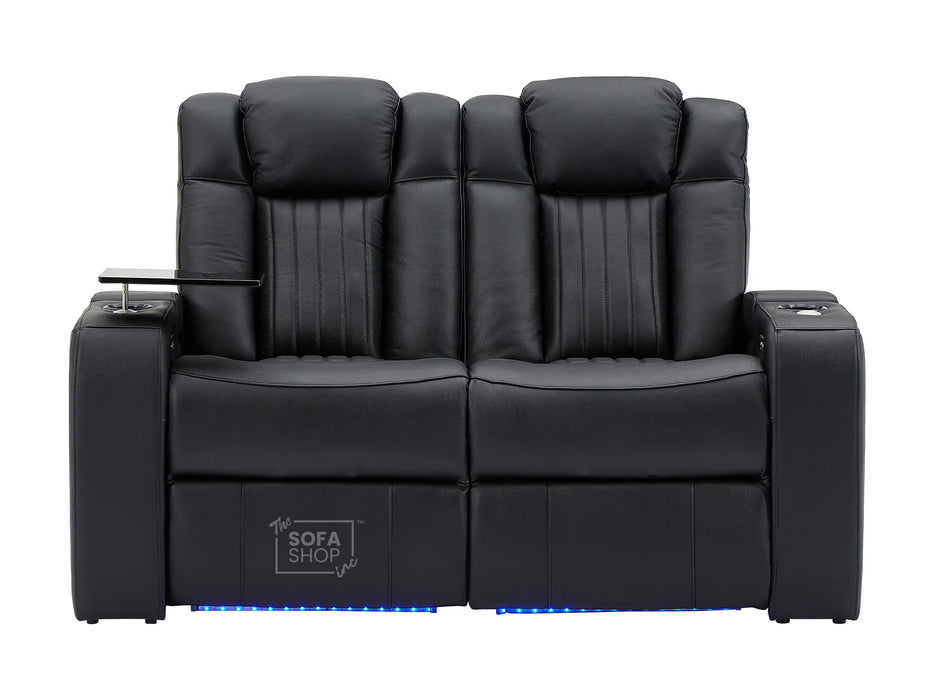 2 Seater Electric Recliner Smart Cinema Sofa in Black Real Leather with Power, Massage, Console, and Adjustable Headrest- Capri