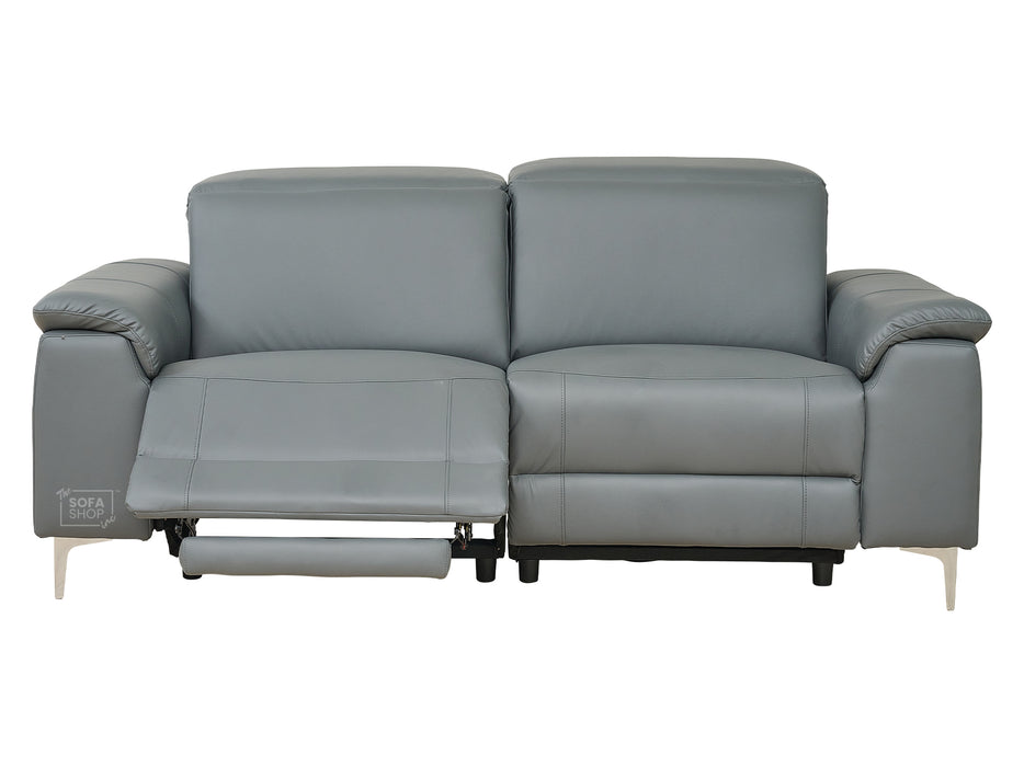 3 Seater Grey Leather Electric Recliner Sofa with Adjustable Headrest & USB Ports - Solero