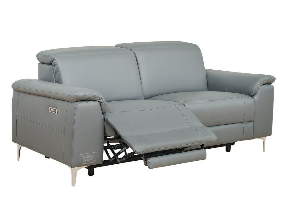 3 Seater Grey Leather Electric Recliner Sofa with Adjustable Headrest & USB Ports - Solero