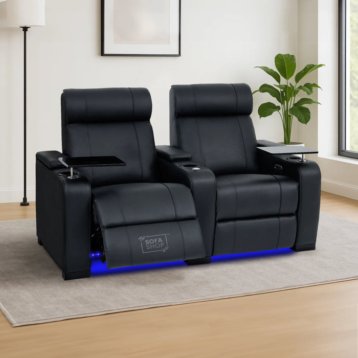 2 Seat Real Leather Electric Recliner Home Cinema Theatre Sofa in Black with + Chilled Cupholders + Console + USB + LED Lights | Rimini Series One