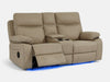 2 Seater Recliner Cinema Sofa In Beige Resilience Fabric With White Stitching, Power Headrest, Speaker, Chilled Cup Holders & Storage Box - Vinsonova