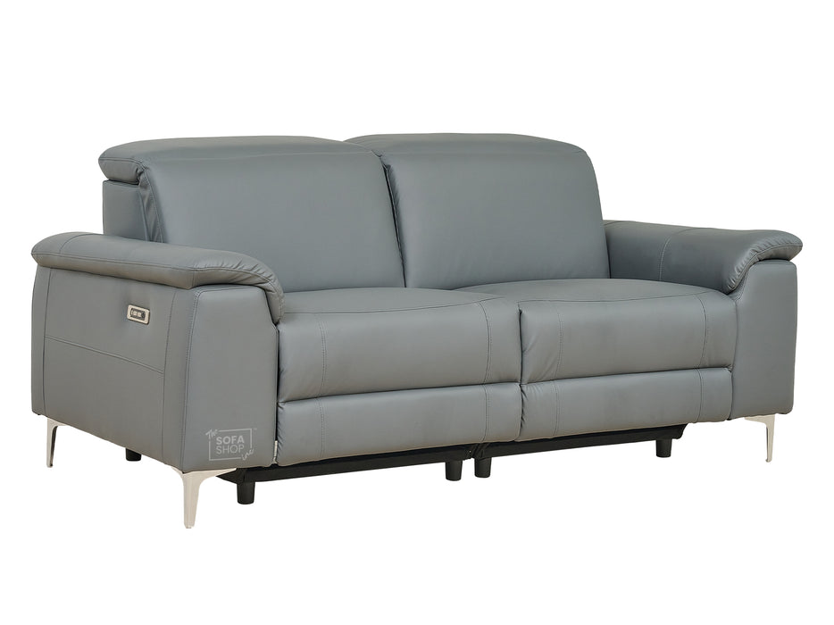 3 Seater Grey Leather Electric Recliner Sofa with Adjustable Headrest & USB Ports - Solero