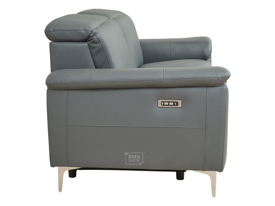 3 Seater Grey Leather Electric Recliner Sofa with Adjustable Headrest & USB Ports - Solero