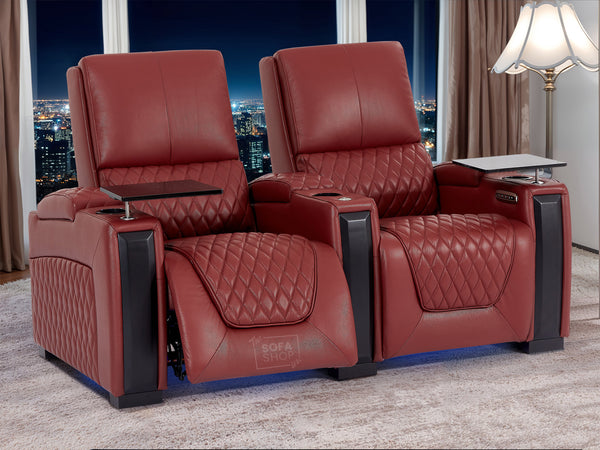 2 Seat Real Leather Electric Recliner Home Cinema Theatre Sofa in Red With Recline at The Touch of a Button + Storage Boxes | Assisi