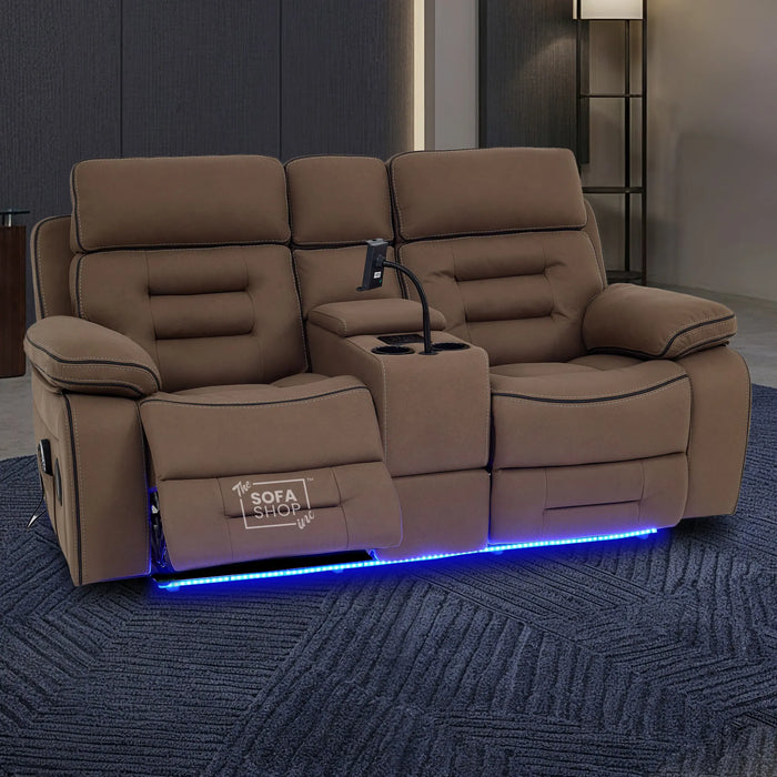 2 Seater Electric Recliner Cinema Sofa in Brown Fabric | Hi-Tech Sofa with 8-Point Massage, USB, Speakers, Power Headrest, Storage & Chilled Cup Holders | Tuscany | The Sofa Shop