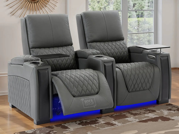 2 Seat Real Leather Electric Recliner Home Cinema Theatre Sofa In Grey With Multi-Position Reclining + LED Cup Holders & Lumbar Support | Assisi