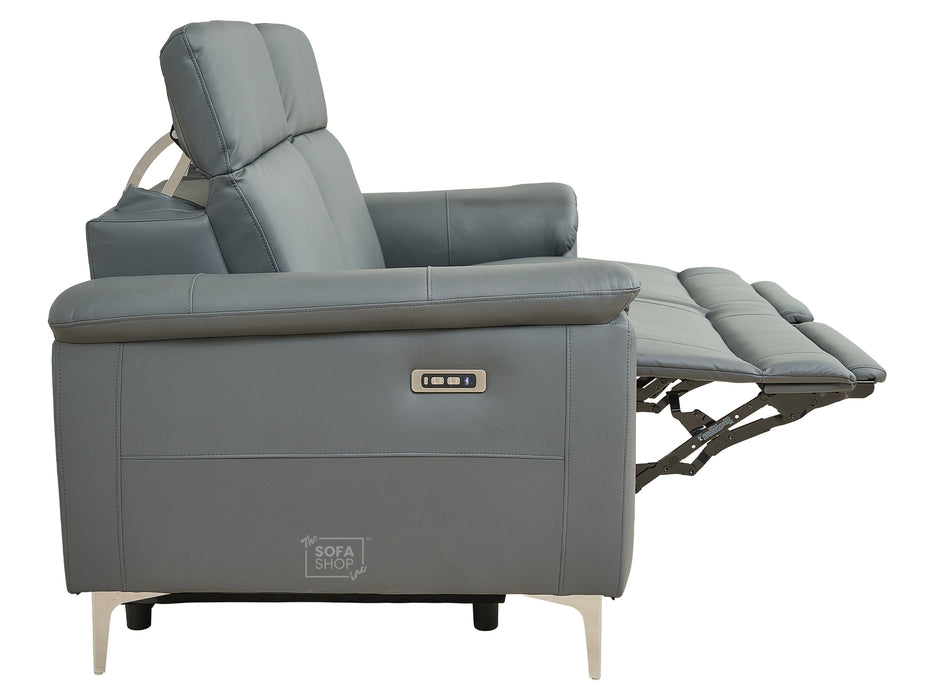 3 Seater Grey Leather Electric Recliner Sofa with Adjustable Headrest & USB Ports - Solero