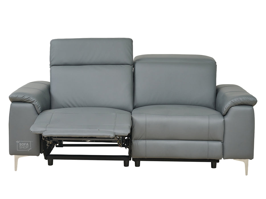 3 Seater Grey Leather Electric Recliner Sofa with Adjustable Headrest & USB Ports - Solero