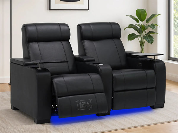2 Seat Real Leather Electric Recliner Home Cinema Theatre Sofa in Black with Cupholders + Console + Power + USB + LED Lights | Rimini