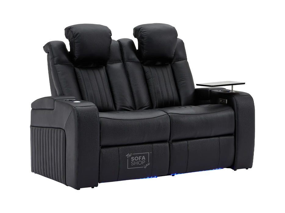 2 Seater Electric Recliner Smart Cinema Sofa in Black Real Leather with Power, Massage, Console, and Adjustable Headrest- Capri