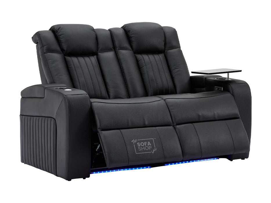 2 Seater Electric Recliner Smart Cinema Sofa in Black Real Leather with Power, Massage, Console, and Adjustable Headrest- Capri