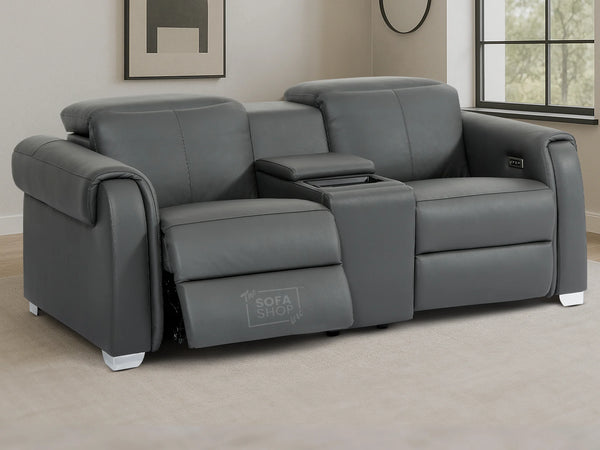 2 Seater Real Leather Electric Recliner Sofa | Cinema Sofa | Hi-Tech Sofa in Grey with Massage, Middle Console, Adjustable Headrests & USB | Turin