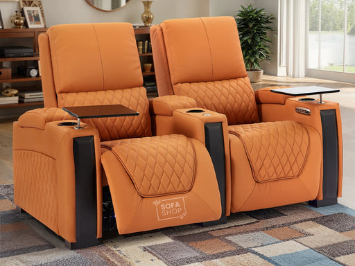 2 Seat Electric Recliner Home Cinema Theatre Sofa | Genuine Leather Couch in Orange + LED Underseat Glow + Electric Recline Mechanism & Lumbar Support | Assisi | The Sofa Shop