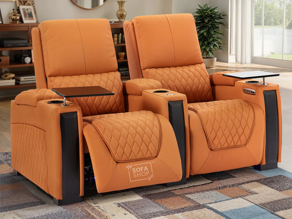 2 Seat Electric Recliner Home Cinema Theatre Sofa | Real Leather Couch in Orange + LED Underseat Glow + Electric Recline Mechanism & Lumbar Support | Assisi | The Sofa Shop