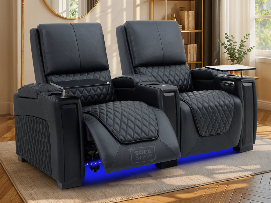 2 Seat Real Leather Electric Recliner Home Cinema Theatre Sofa in Black With Multi-Position Reclining + LED Cup Holders | Assisi | The Sofa Shop