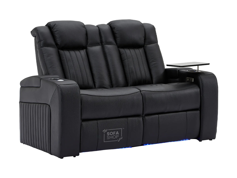 2 Seater Reclining Sofa in Leather with Storage Boxes & USB, Cupholders & Massage for Ultimate Comfort | Black Leather Aire | Capri | The Sofa Shop