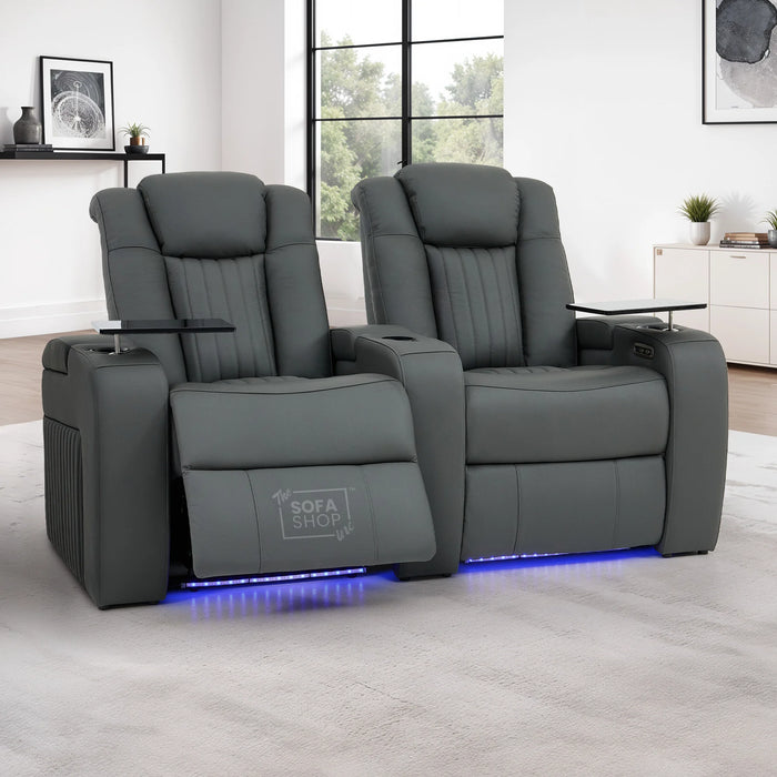 2 Seater Real Leather Power Recliner Smart Cinema Sofa | Grey Couch with Massage, Heating, LED Cup Holders, Arm Storage, and Adjustable Headrest | Capri | The Sofa Shop