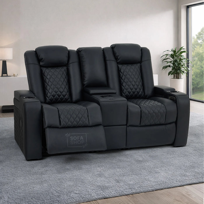 2 Seater Real Leather Electric Recliner Cinema Sofa in Black | Hi-Tech Sofa with Adjustable Headrest, Lumbar Support, Bluetooth Speaker | Milano | The Sofa Shop