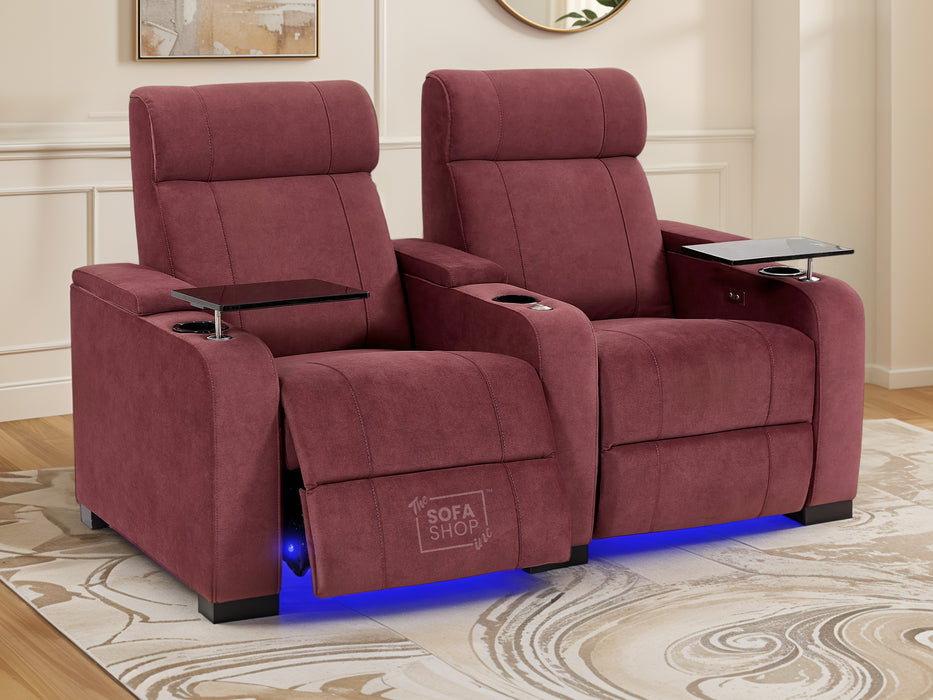2+1 Sofa Set. Electric Recliner Cinema Suite in Velvet Purple Fabric | 2 Piece Sofa Set with Massage, USB Ports, Cooling Cup Holders, Storage Box & LED Lights | Rimini | The Sofa Shop