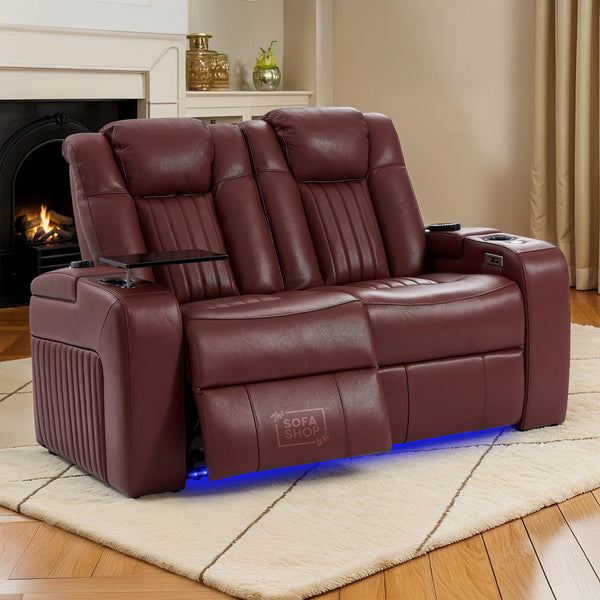 2 Seat Real Leather Electric Recliner Home Cinema Theatre Sofa in Red with Massage + Cup Holders for Drinks + Detachable Table | Capri | The Sofa Shop