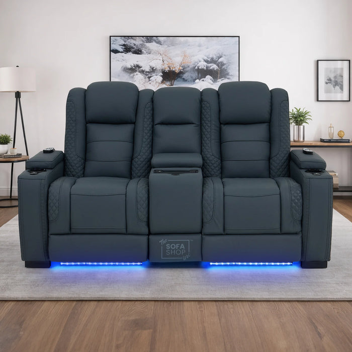 2 Seater Real Leather Electric Recliner Cinema Sofa in Blue | Massage & Heat, Console, Speakers, Tray Tables & Cooling Cup Holders | Napoli | The Sofa Shop