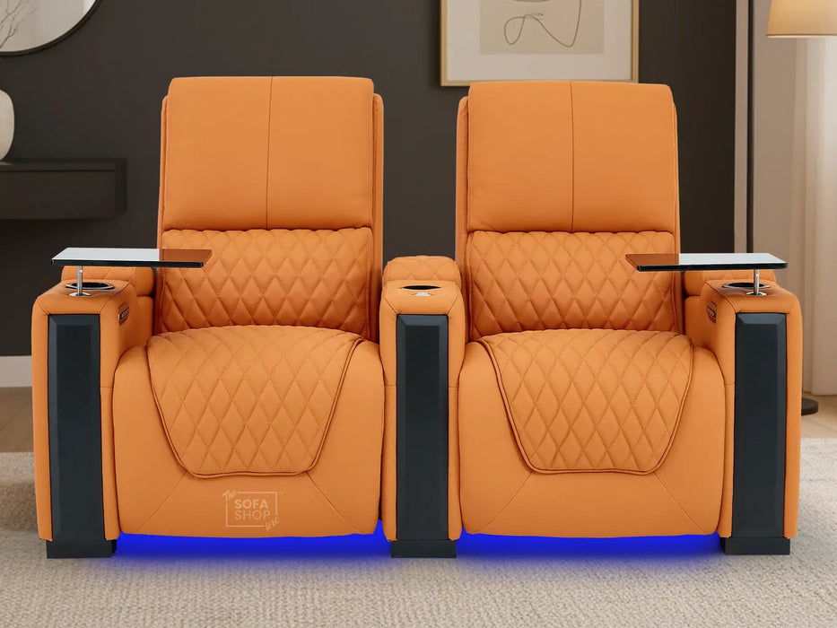 2 Seat Real Leather Electric Recliner Home Cinema Theatre Sofa In Orange with LED Underseat Glow + Electric Recline Mechanism & Lumbar Support | Assisi