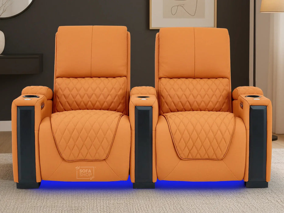 2 Seat Real Leather Electric Recliner Home Cinema Theatre Sofa In Orange with LED Underseat Glow + Electric Recline Mechanism & Lumbar Support | Assisi