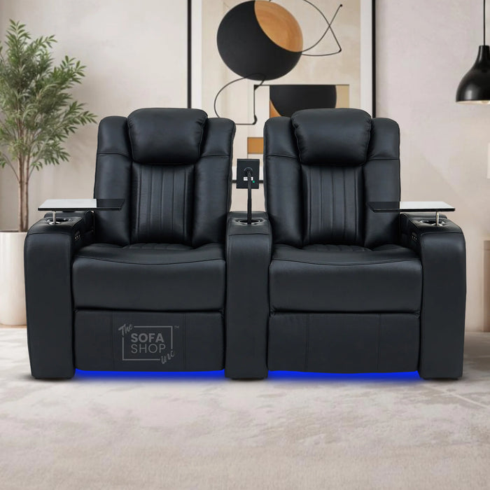 2 Seater Real Leather Power Reclining Cinema Sofa in Black with Console, USB Ports, Mild Heated Lumbar, Table, Cup Holders, Storage & Massage | Capri | The Sofa Shop