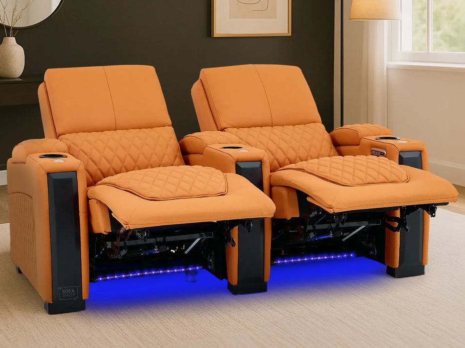 2 Seat Real Leather Electric Recliner Home Cinema Theatre Sofa In Orange with LED Underseat Glow + Electric Recline Mechanism & Lumbar Support | Assisi