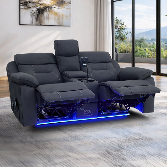 2 Seat Electric Recliner Home Cinema Sofa | Fabric Couch In Charcoal Grey | Hi-Tech Sofa with Massage + Chilled Cupholders + Console + USB | Florence