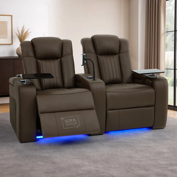 2 Seater Real Leather Electric Recliner Cinema Sofa in Dark Brown | Massage, Heated Lumbar, Power Headrests, Food Trays & Power Grommet | Capri | The Sofa Shop