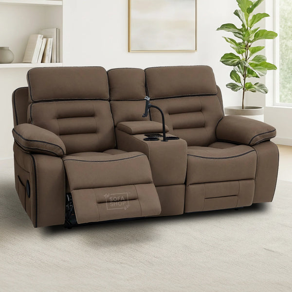 2 Seater Electric Recliner Cinema Sofa in Brown Fabric | Hi-Tech Sofa with USB, Speakers, Power Headrest, Storage Console & Chilled Cup Holders | Tuscany | The Sofa Shop