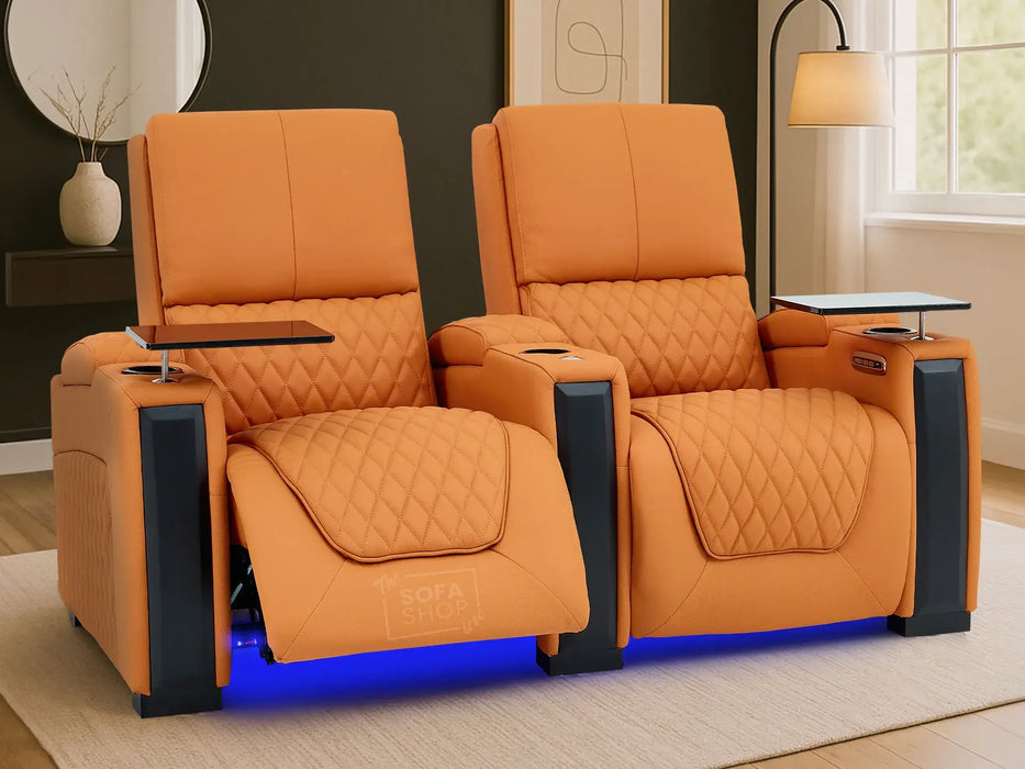 Real Leather 2+1 Seater Electric Recliner Sofa Set in Orange | 2-Piece Cinema Sofa Suite With Led Cup Holders & USB & Tray Tables | Assisi | The Sofa Sale