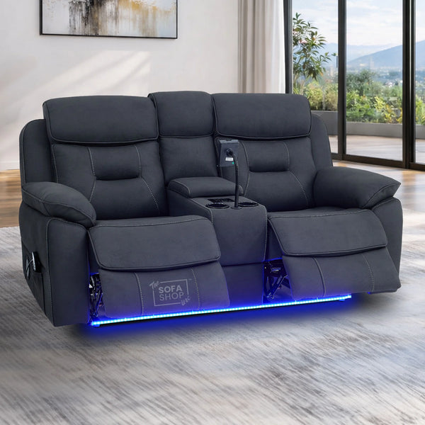 2 Seat Electric Recliner Home Cinema Sofa | Fabric Couch In Charcoal Grey | Hi-Tech Sofa with Massage + Chilled Cupholders + Console + USB | Florence