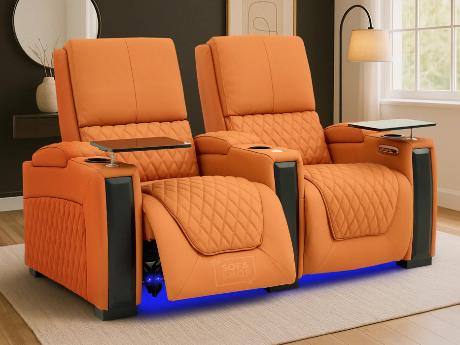 2 Seat Real Leather Electric Recliner Home Cinema Theatre Sofa In Orange with LED Underseat Glow + Electric Recline Mechanism & Lumbar Support | Assisi