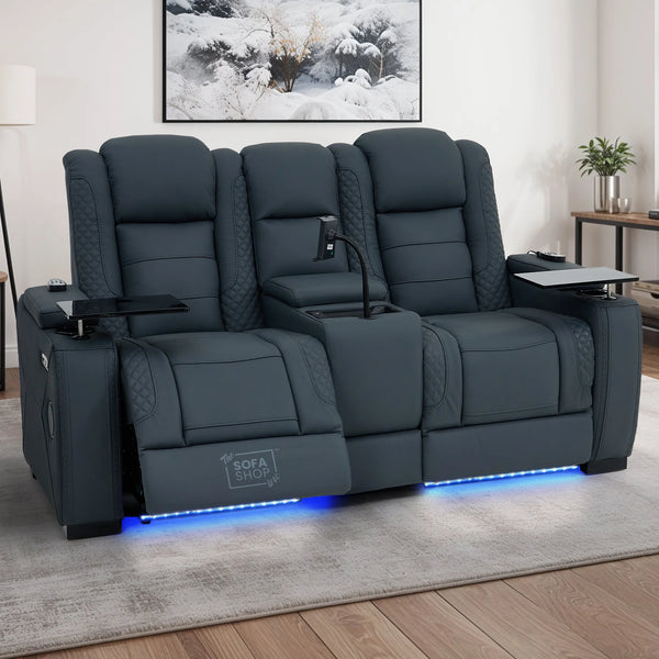 2 Seater Real Leather Electric Recliner Cinema Sofa in Blue | Massage & Heat, Console, Speakers, Tray Tables & Cooling Cup Holders | Napoli | The Sofa Shop