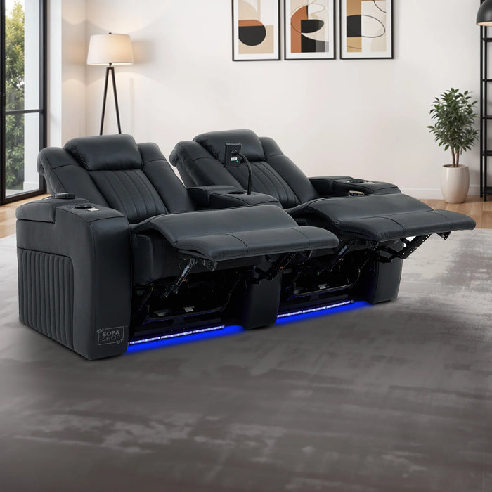 2 Seater Real Leather Power Reclining Cinema Sofa in Black with Console, USB Ports, Mild Heated Lumbar, Table, Cup Holders, Storage & Massage | Capri | The Sofa Shop