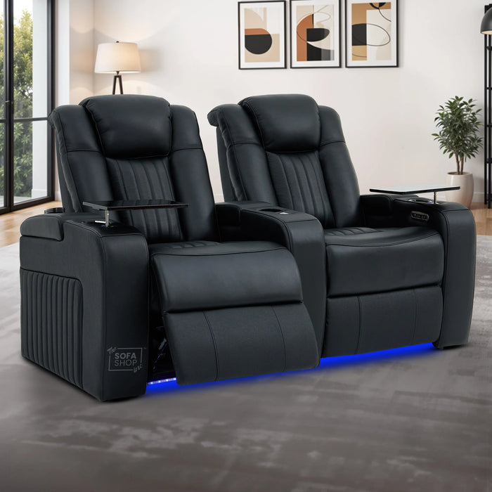 2 Seater Real Leather Power Reclining Cinema Sofa in Black with Console, USB Ports, Mild Heated Lumbar, Table, Cup Holders, Storage & Massage | Capri | The Sofa Shop