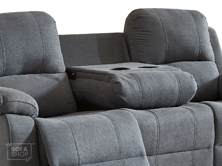 3 Seater Recliner Sofa in Dark Grey Fabric with Drop-Down Table & Cup Holders - Trento