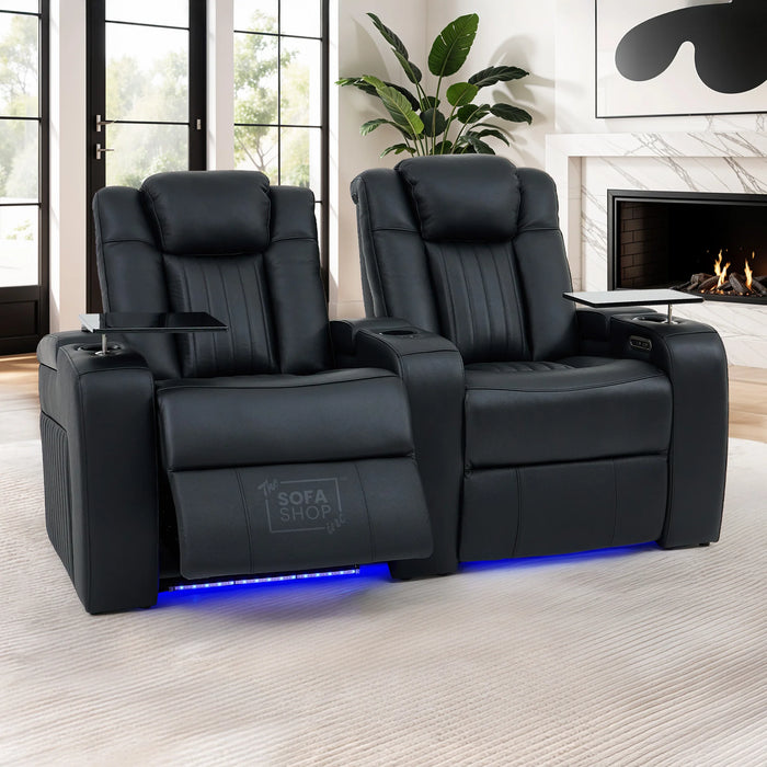 3+2 Modern Reclining Sofa Suite in Black Real Leather | Hi-Tech Sofa with Massage, Heated Lumbar, Wireless Charging, LED Lights & Removable Tables | Capri
