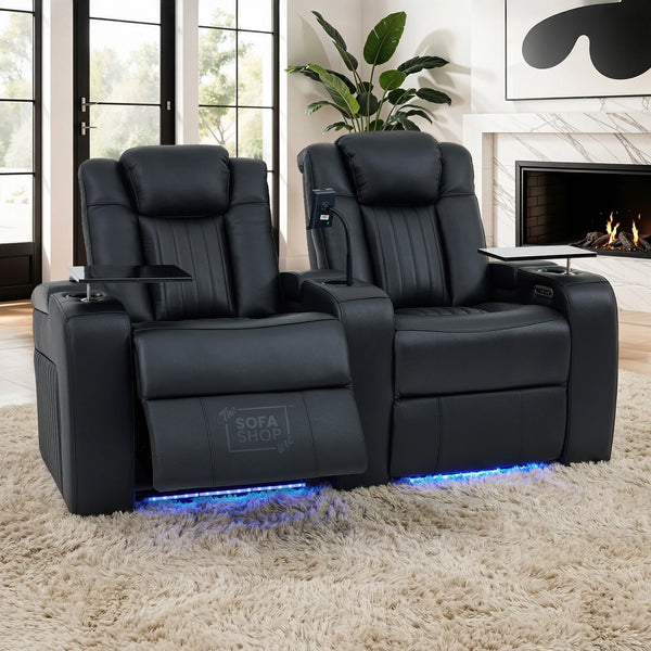 2 Seater Real Leather Power Reclining Cinema Sofa in Black with Console, USB Ports, Mild Heated Lumbar, Table, Cup Holders, Storage & Massage | Capri | The Sofa Shop