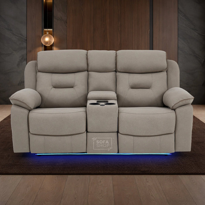 2 Seat Electric Recliner Home Cinema Sofa | Fabric Couch In Beige | Hi-Tech Sofa with Massage, Chilled Cup Holders + Wireless Charging + Console + USB | Florence