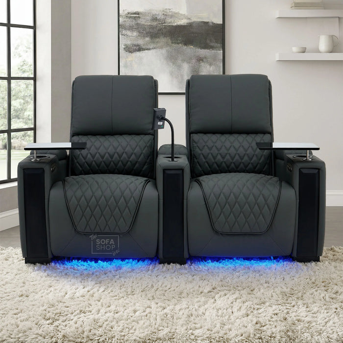 2 Seat Real Leather Electric Recliner Home Cinema Theatre Sofa In Grey With Multi-Position Reclining + LED Cup Holders & Lumbar Support | Assisi