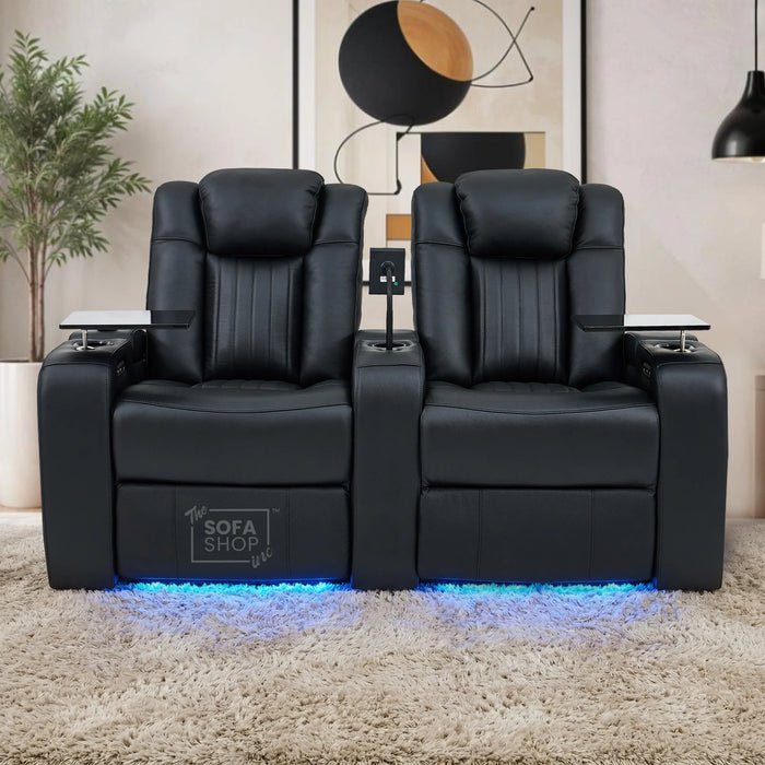 3+2 Modern Reclining Sofa Suite in Black Real Leather | Hi-Tech Sofa with Massage, Heated Lumbar, Wireless Charging, LED Lights & Removable Tables | Capri