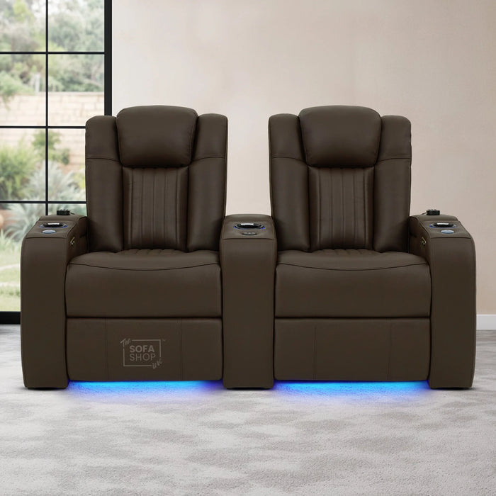 2 Seater Real Leather Electric Recliner Cinema Sofa in Dark Brown | Massage, Heated Lumbar, Power Headrests, Food Trays & Power Grommet | Capri | The Sofa Shop