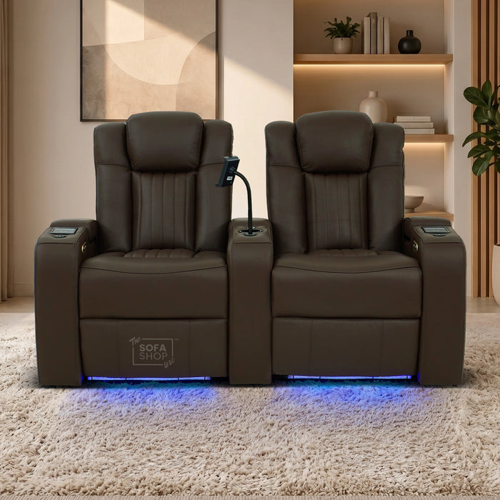 2 Seater Cinema Sofa in Brown Real Leather | Hi-Tech Console Couch with Massage & Heated Lumbar, Wireless Charging, Heat & Cool Cupholders, Bluetooth Speakers & Multi-Link | Capri | The Sofa Shop