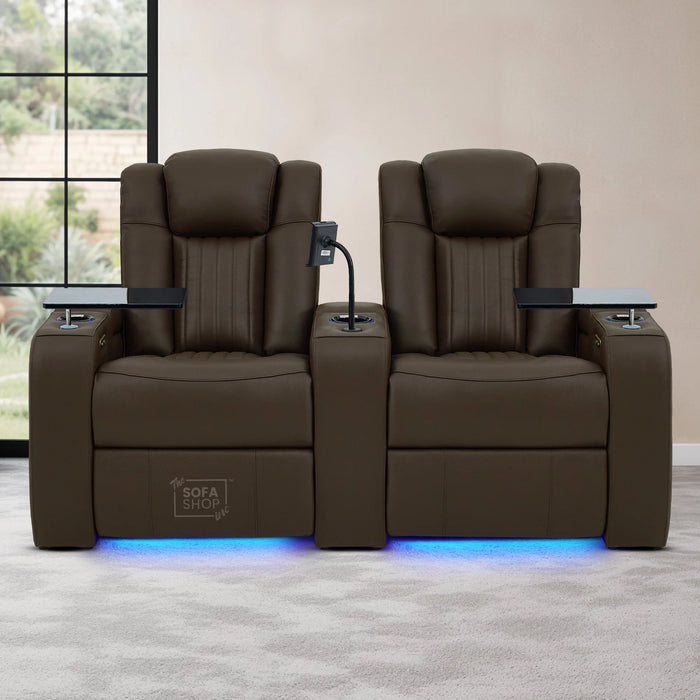 2 Seater Real Leather Electric Recliner Cinema Sofa in Dark Brown | Massage, Heated Lumbar, Power Headrests, Food Trays & Power Grommet | Capri | The Sofa Shop