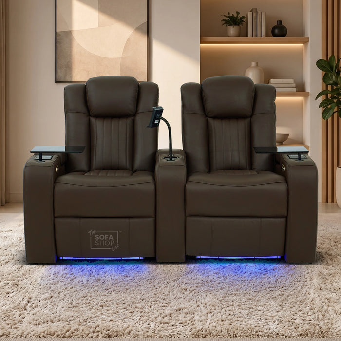 2 Seater Cinema Sofa in Brown Real Leather | Hi-Tech Console Couch with Massage & Heated Lumbar, Wireless Charging, Heat & Cool Cupholders, Bluetooth Speakers & Multi-Link | Capri | The Sofa Shop
